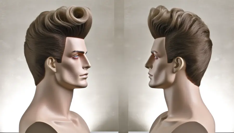 Sophisticated high volume brush back hairstyle for a white man, highlighting elegance and a modern silhouette with voluminous top and neatly trimmed sides.