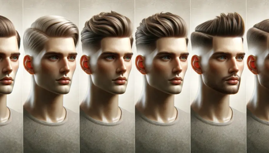 Three popular hairstyles for white men: classic crew cut, sleek modern pompadour with undercut fade, and textured French crop with skin fade