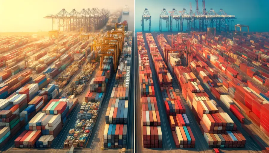 Juxtaposed images of shipping containers in India showing older, more traditional stacks versus a foreign port displaying modern, streamlined container stacks.