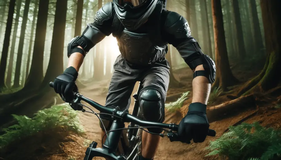 Mountain biker adjusting bike with a maintenance kit on a scenic overlook, featuring a multi-tool and mini-pump.