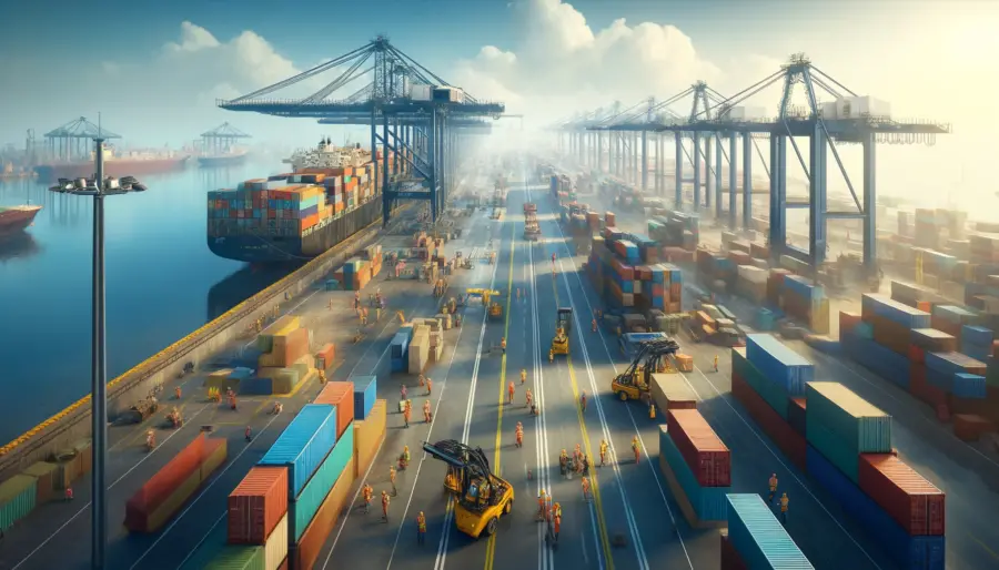 Panoramic view of a busy Indian port with clear skies, featuring workers in safety vests and active logistics operations with cranes and forklifts moving shipping containers, emphasizing the port's role in global trade.