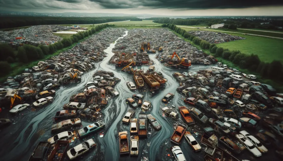 Aerial view of a traditional scrapyard with environmental pollution from rusting cars, emphasizing the need for sustainable disposal methods.