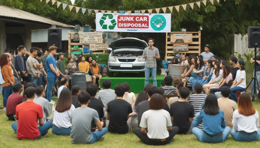 Outdoor community workshop on sustainable junk car disposal with diverse participants, highlighting community-wide commitment to recycling