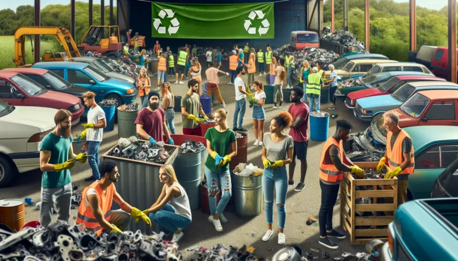 Diverse community participating in an eco-friendly car disposal event, emphasizing recycling and sustainability.