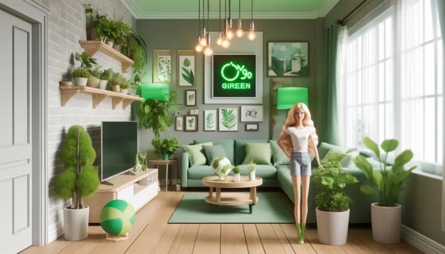 An eco-friendly Barbiecore living room featuring sustainable furniture, efficient lighting, and plenty of plants. The room is designed with green elements, creating a welcoming and environmentally conscious space.