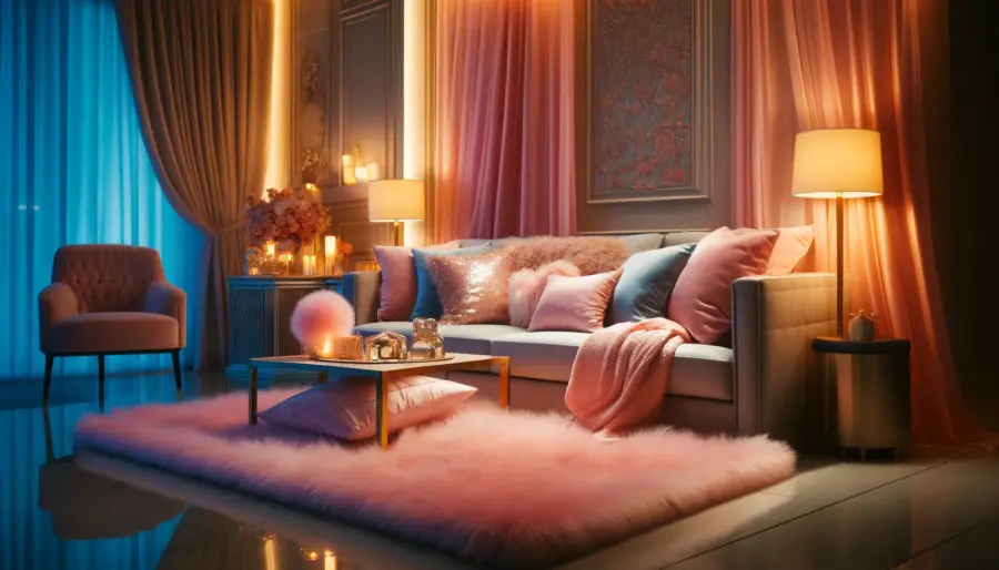 A luxurious living room showcasing Barbiecore style with a pastel shag rug, velvet sofa, and satin cushions. The space is filled with soft pillows and throws, adding warmth and comfort.