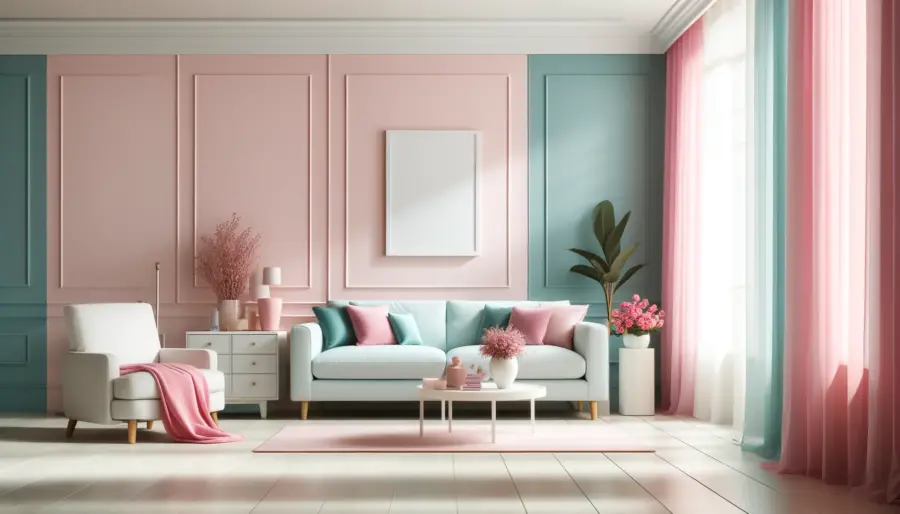 A chic living room featuring a pastel palette with soft blush walls, a light turquoise sofa, and bright magenta decor accents. The room is complemented with white furniture and soft-color wallpapers, creating a clean and airy vibe.