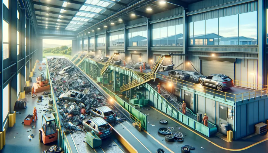 Modern recycling facility with workers dismantling a junk car, showcasing efficient recycling of materials like steel and copper.