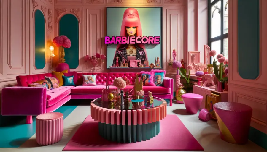 A Barbiecore living room featuring statement furniture with a vibrant pink sofa, a unique coffee table, and bold decor elements. The mixed styles create an eclectic and cool vibe.