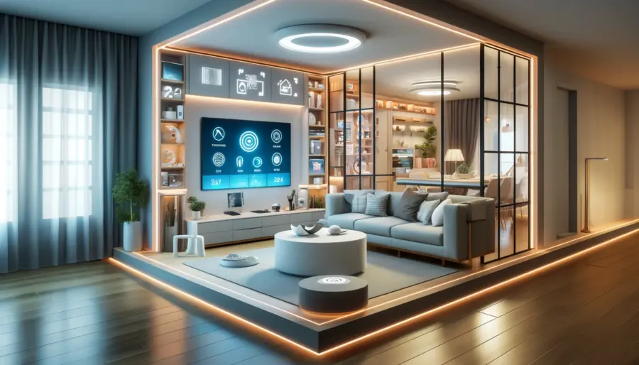 A modern Barbiecore living room integrating smart home technology with voice-controlled lights, smart windows, and hidden charging stations. The space is sleek and functional, blending high-tech elements with stylish design.