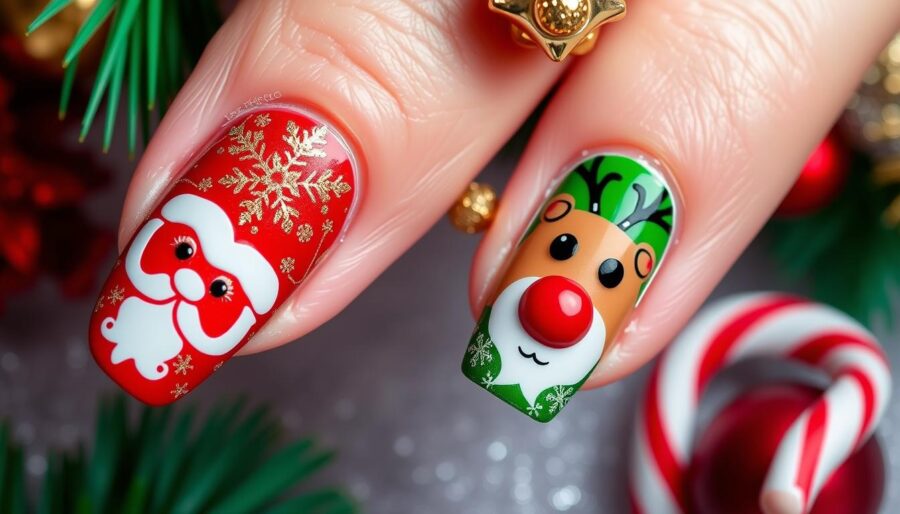 santa and reindeer nails