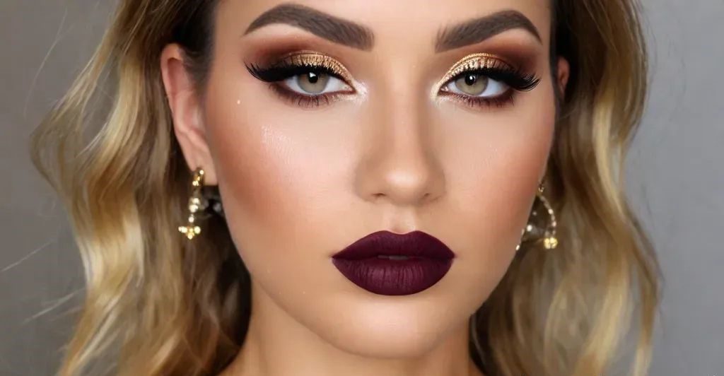 christmas makeup Golden Glow Paired with Deep Burgundy Lips Top Christmas Makeup Look Ideas - 12