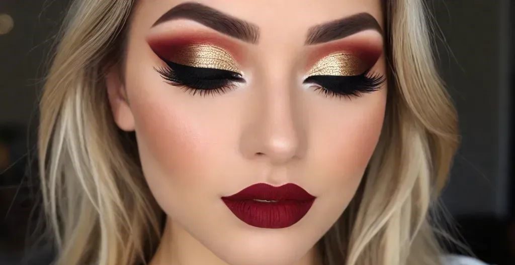 christmas makeup Red and Gold Cut Crease for Dramatic Elegance Top Christmas Makeup Look Ideas - 10